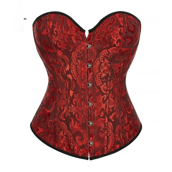 Women Strapless Lace Jacquard Peacock Corset and Bustier Top with Steel Boning for Waist Training Party Costume Outfit Wine 3XL