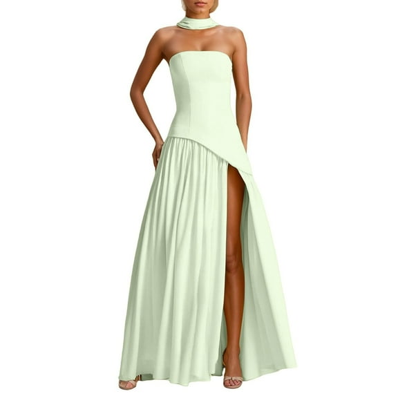 Women Strapless Long Prom Dress Side Slit Dresses Formal Evening GownsRuched Gown with Scarf