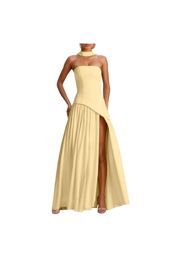 Women Strapless Long Prom Dress Side Slit Dresses Formal Evening GownsRuched Gown with Scarf