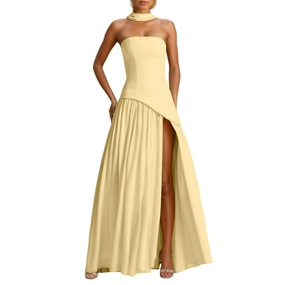 Women Strapless Long Prom Dress Side Slit Dresses Formal Evening GownsRuched Gown with Scarf