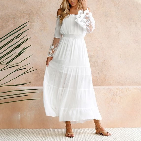 Women Strapless Long Sleeve White Beach Dress Summer Loose Bohemian Dress Party