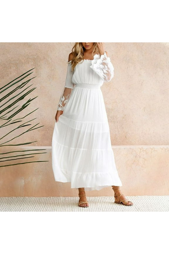 Women Strapless Long Sleeve White Beach Dress Summer Loose Bohemian Dress Party
