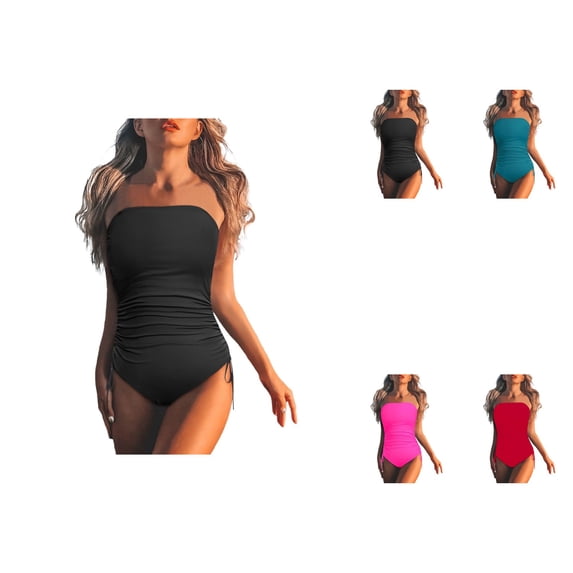 Women Strapless One Piece Swimsuit with Tummy Control Bandeau Top and Cheeky Bottom