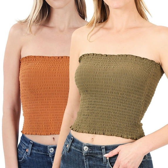 "Women Strapless Pleated Solid Colors Smocked Bandeau Sexy Tube Crop Tops (ALMOND/DUSTY OLIVE, X-Large)"