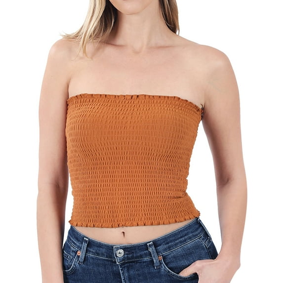 "Women Strapless Pleated Solid Colors Smocked Bandeau Sexy Tube Crop Tops (ALMOND, Large)"