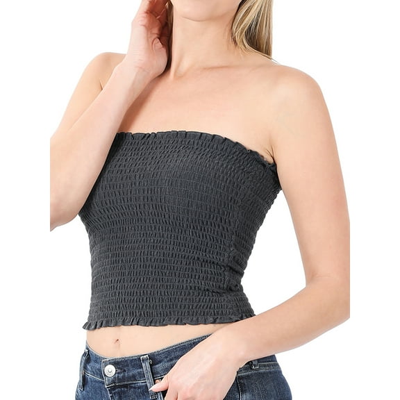 "Women Strapless Pleated Solid Colors Smocked Bandeau Sexy Tube Crop Tops (CHARCOAL, Large)"