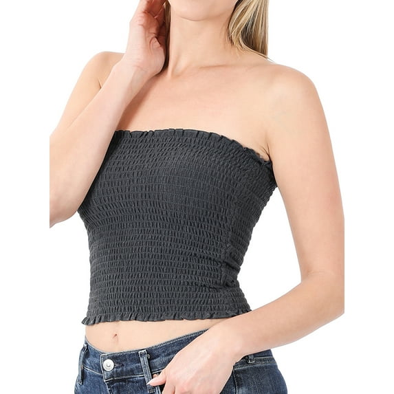 "Women Strapless Pleated Solid Colors Smocked Bandeau Sexy Tube Crop Tops (CHARCOAL, Small)"