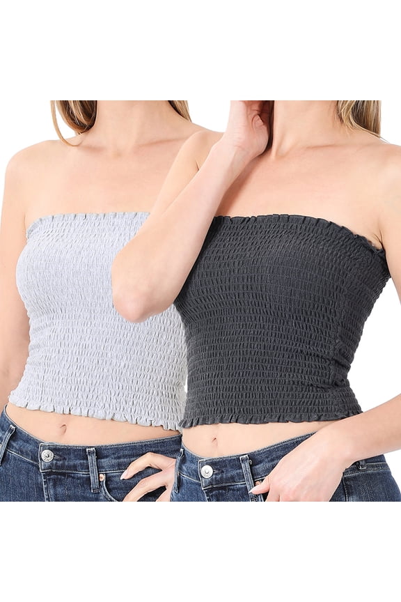 "Women Strapless Pleated Solid Colors Smocked Bandeau Sexy Tube Crop Tops (H GREY/CHARCOAL, Small)"