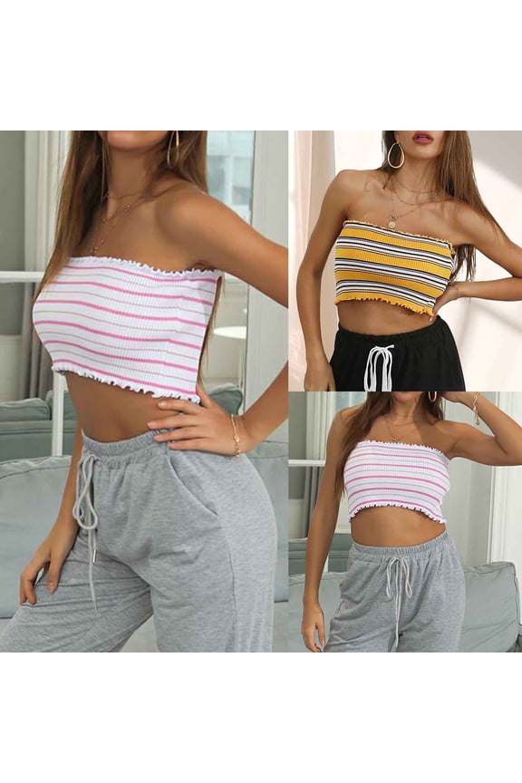 Women Strapless Striped Bandeau Tube Tops Y2K Sleeveless Backless Crop Tank Going Out Summer Girls