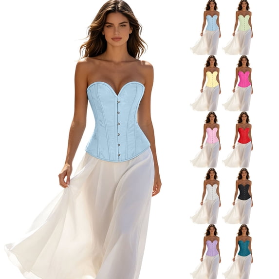 Women Strapless Sweetheart Corset Top, Padded Bust Support Tummy Control Boned Waist Cinching Shaping Bustier Sky Blue XS(XS)