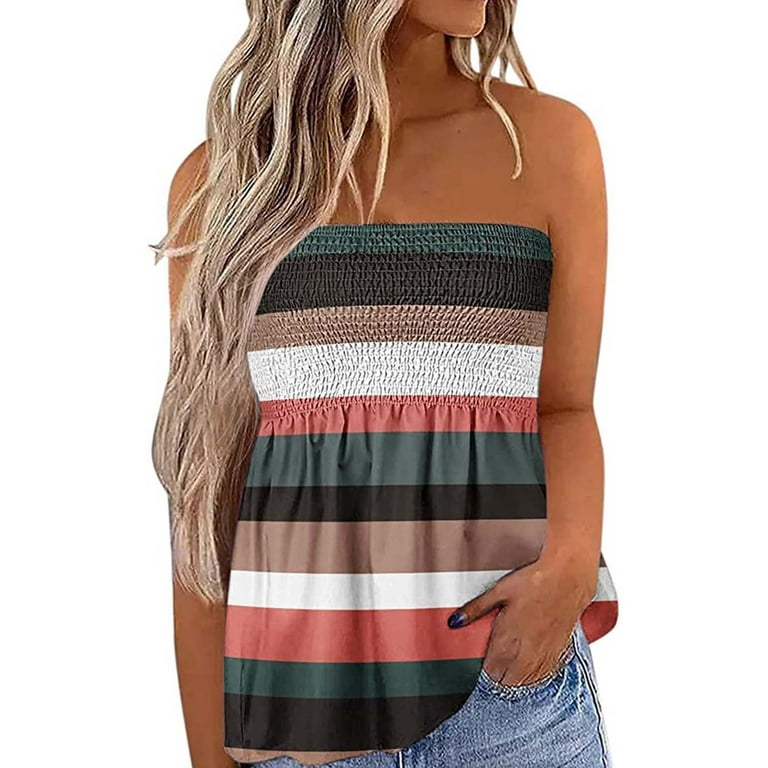 Women Strapless Top Sleeveless Tube Top Strapless Strech Pleated Blouse  Tunic Casual Tank