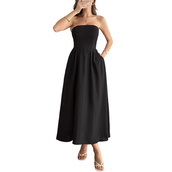 Women Strapless Tube Maxi Dress Flowy Swing Long Sundress Sleeveless Summer Boho Beach Dress with Pokets Black XL