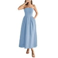 thumbnail image 1 of Women Strapless Tube Maxi Dress Flowy Swing Long Sundress Sleeveless Summer Boho Beach Dress with Pokets Blue M, 1 of 7