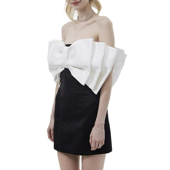 Women Strapless Tube Party Dress Color-Contrast Sleeveless Backless Bowknot Patchwork Short Dress