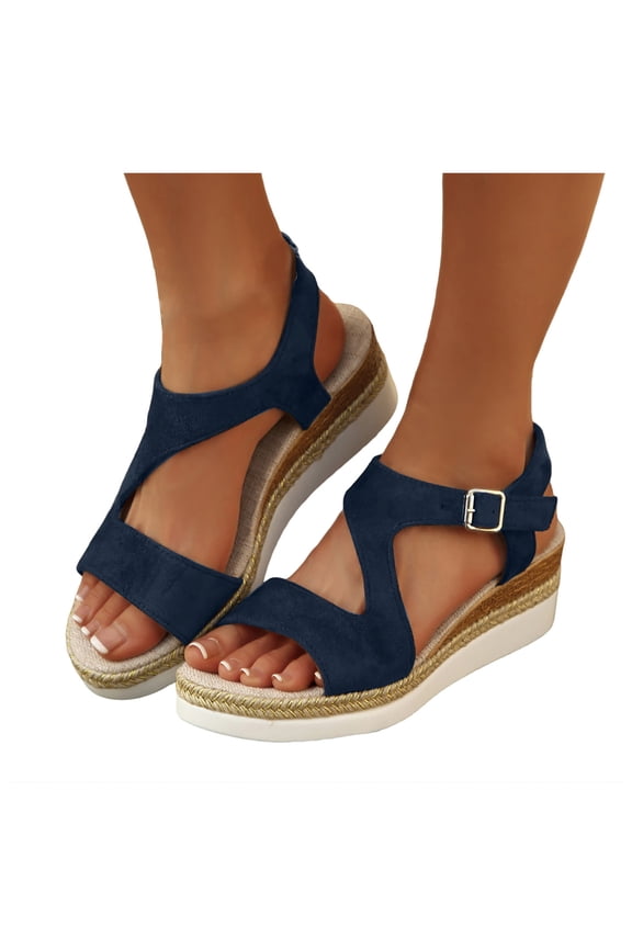 Women Strappy Platform Sandals Gladiators Walking Slide Shoes Buckles Summer Dressy Sandal Outdoor Leather Beach Shoe Blue 6