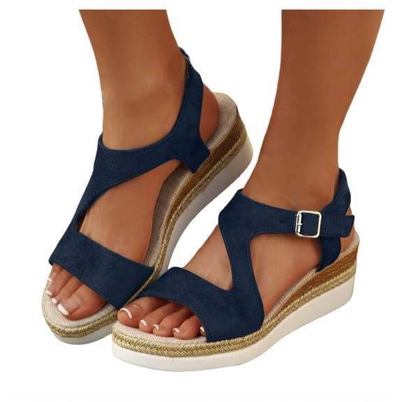 Women Strappy Platform Sandals Gladiators Walking Slide Shoes Buckles Summer Dressy Sandal Outdoor Leather Beach Shoe Blue 9