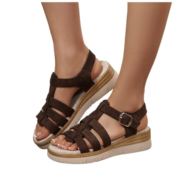 Women Strappy Platform Sandals Gladiators Walking Slide Shoes Buckles Summer Dressy Sandal Outdoor Leather Beach Shoe Brown 9