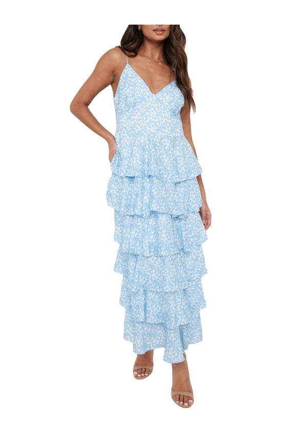 Women Strappy Tiered Ruffle Floral Boho Sun Dress Sleeveless Backless Bodycon Long Dress Frill Layered Ruffle Maxi Dress