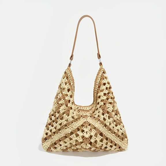 Women Straw Bags Summer Beach Bag Woven Tote Shoulder Bag Lightweight Hobo Handbag(Brown)