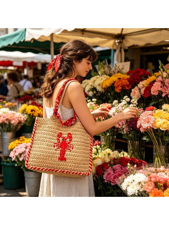 Women Straw Beach Bag - Lobster Embroidery Woven Tote Handbag Summer Vacation Shoulder Bag Boho Mini Purse for Seaside Cruise Tropical Market Shopping