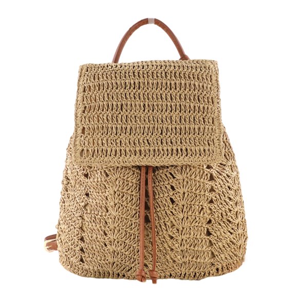 Women Straw Beach Drawstring Backpack Bohemian Bucket Shoulder Bag (Coffee)
