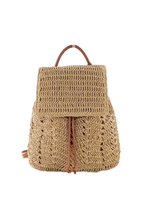 Women Straw Beach Drawstring Backpack Bohemian Bucket Shoulder Bag (Coffee)