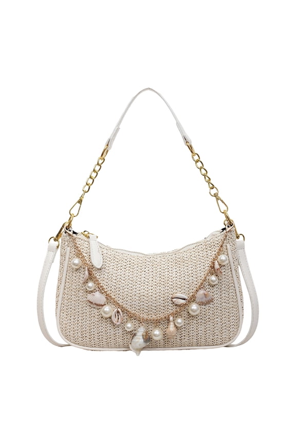 Women Straw Beach Purse Lightweight & Portable Shoulder Bags With Adjustable Strap Crossbody Bag Seashell Beaded For Shopping Holiday Parties Commute Daily Use (Beige)