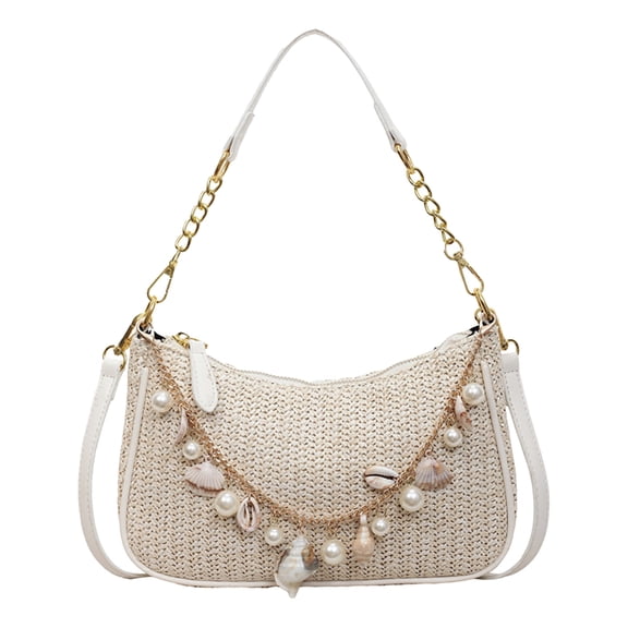 Women Straw Beach Purse Lightweight & Portable Shoulder Bags With Adjustable Strap Crossbody Bag Seashell Beaded For Shopping Holiday Parties Commute Daily Use (Beige)