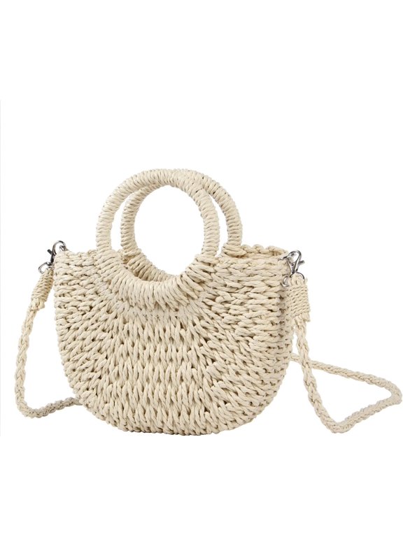 Women Straw Beach Tote Handbag, Hobo Bag Round Handle Summer Handwoven Bags Small Purse with Strap, Natural-beige-