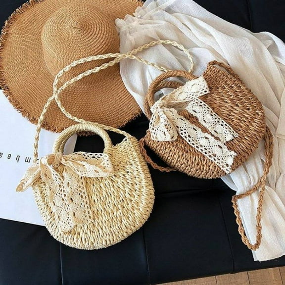 Women Straw Beach Tote Handbag Hobo Bag Round Handle Summer Handwoven Bags Small Purse with Strap