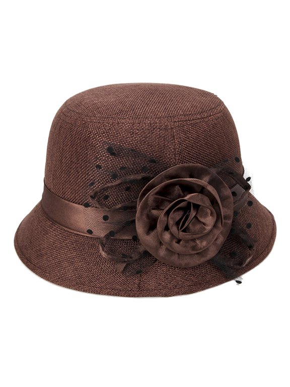 Women Straw Bucket Hat, Satin Floral Polka Dot Tulle Decor Soft Breathable Sun Protection Elegant Formal Wedding Party Travel Headwear Brown One Size