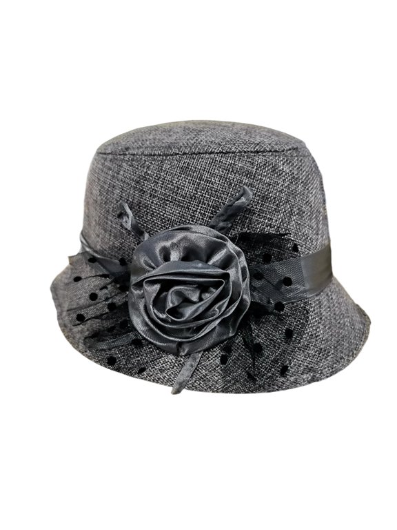 Women Straw Bucket Hat, Satin Floral Polka Dot Tulle Decor Soft Breathable Sun Protection Elegant Formal Wedding Party Travel Headwear Gray One Size