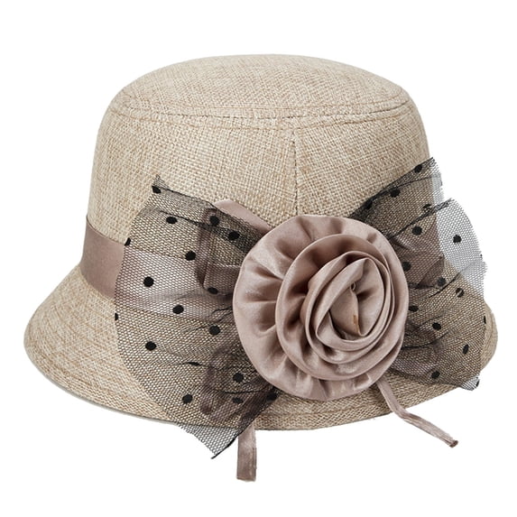 Women Straw Bucket Hat, Satin Floral Polka Dot Tulle Decor Soft Breathable Sun Protection Elegant Formal Wedding Party Travel Headwear Khaki One Size