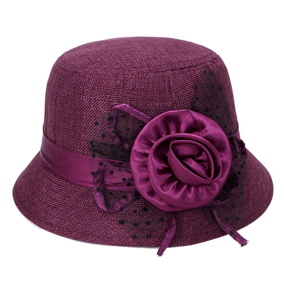 Women Straw Bucket Hat, Satin Floral Polka Dot Tulle Decor Soft Breathable Sun Protection Elegant Formal Wedding Party Travel Headwear Wine One Size