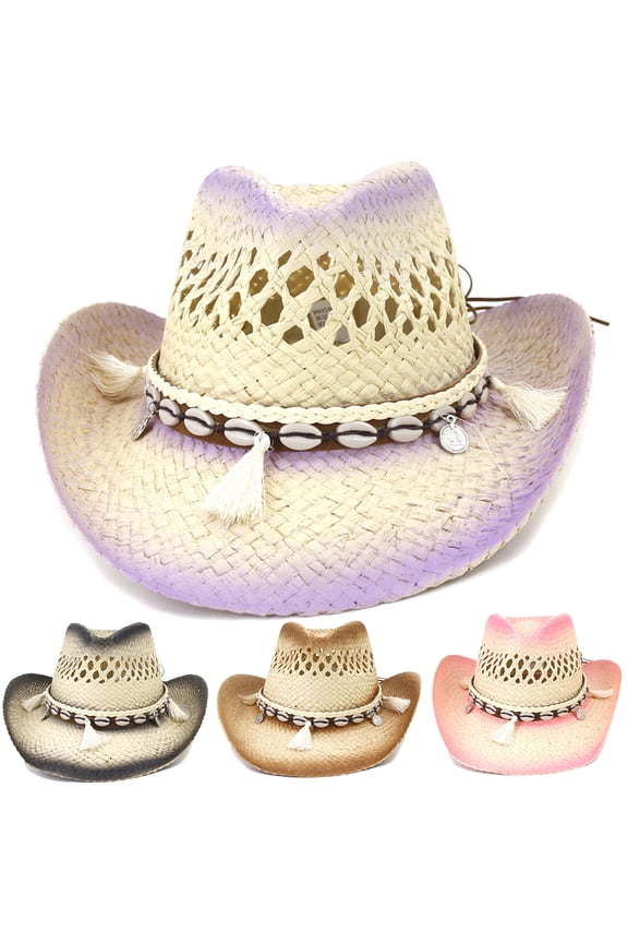Women Straw Cowboy Hats, Western Cowgirl Hat for Holiday, Foldable Vacation Beach Sun Hat with Wide Brim for Summer