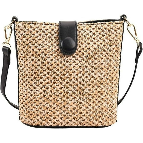 Women Straw Crossbody Bag Beach Handmade Rattan Shoulder Bags Hand Woven Leather Straps Straw Clutch Purse Vacation