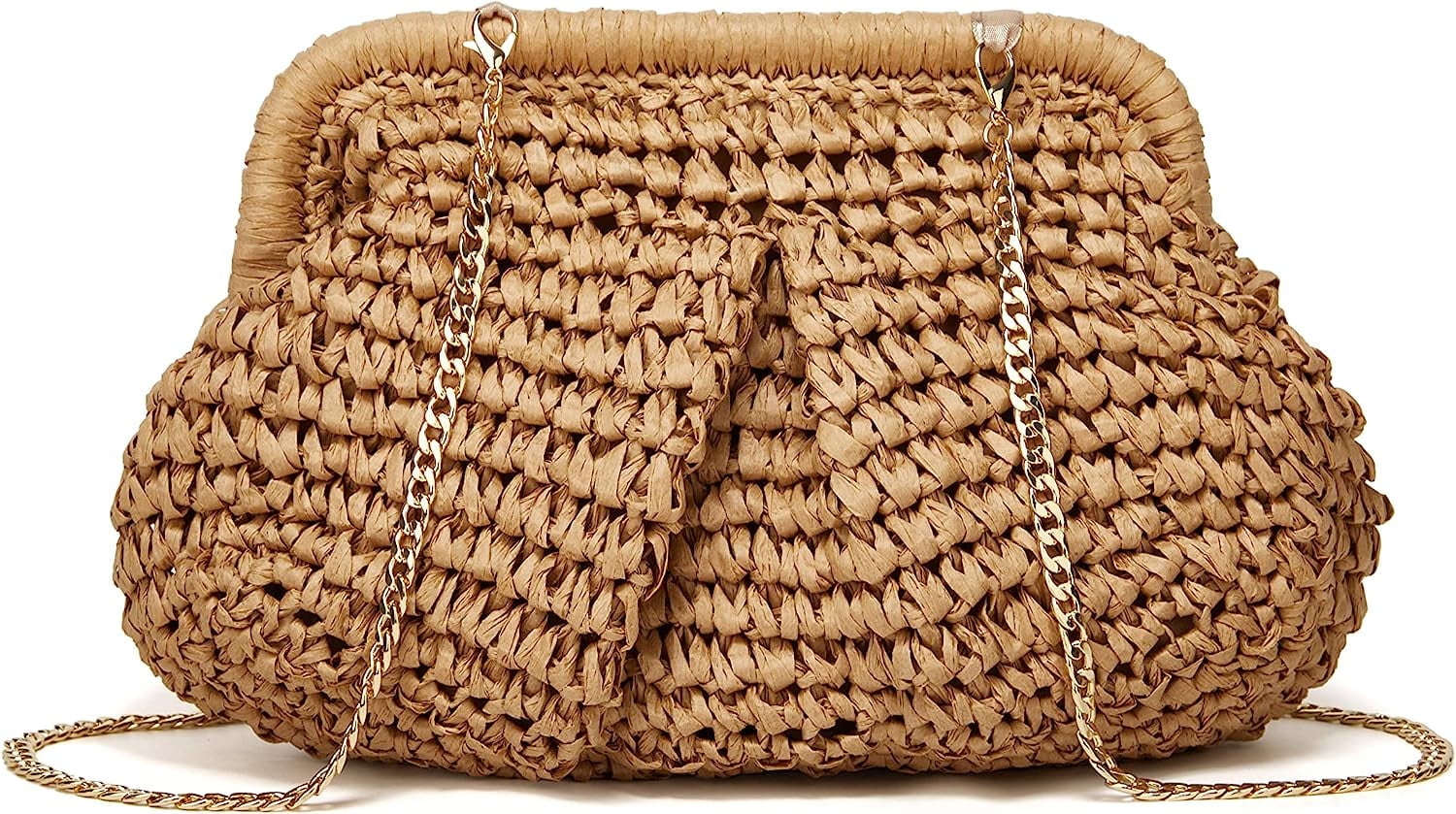 Fecialy Straw Clutch Purse - Woven Raffia Beach Bag With Crossbody Chain Strap