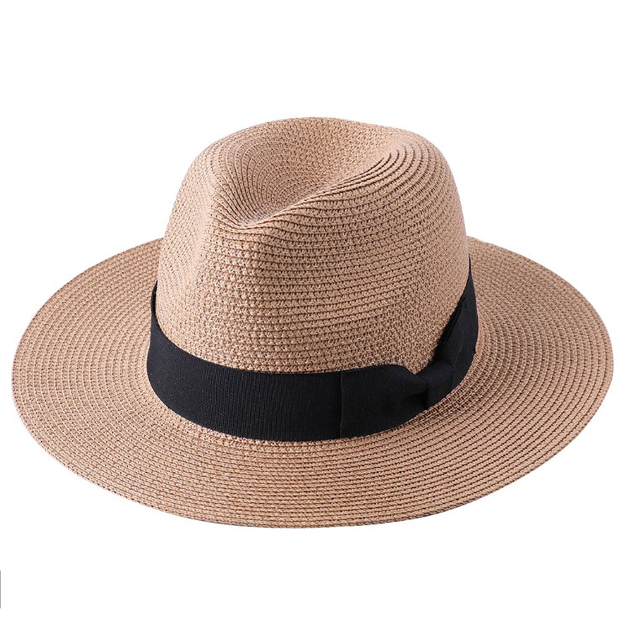 Women Straw Fedora Sun Hat Summer Wide Brim Panama Beach Hat with Bow