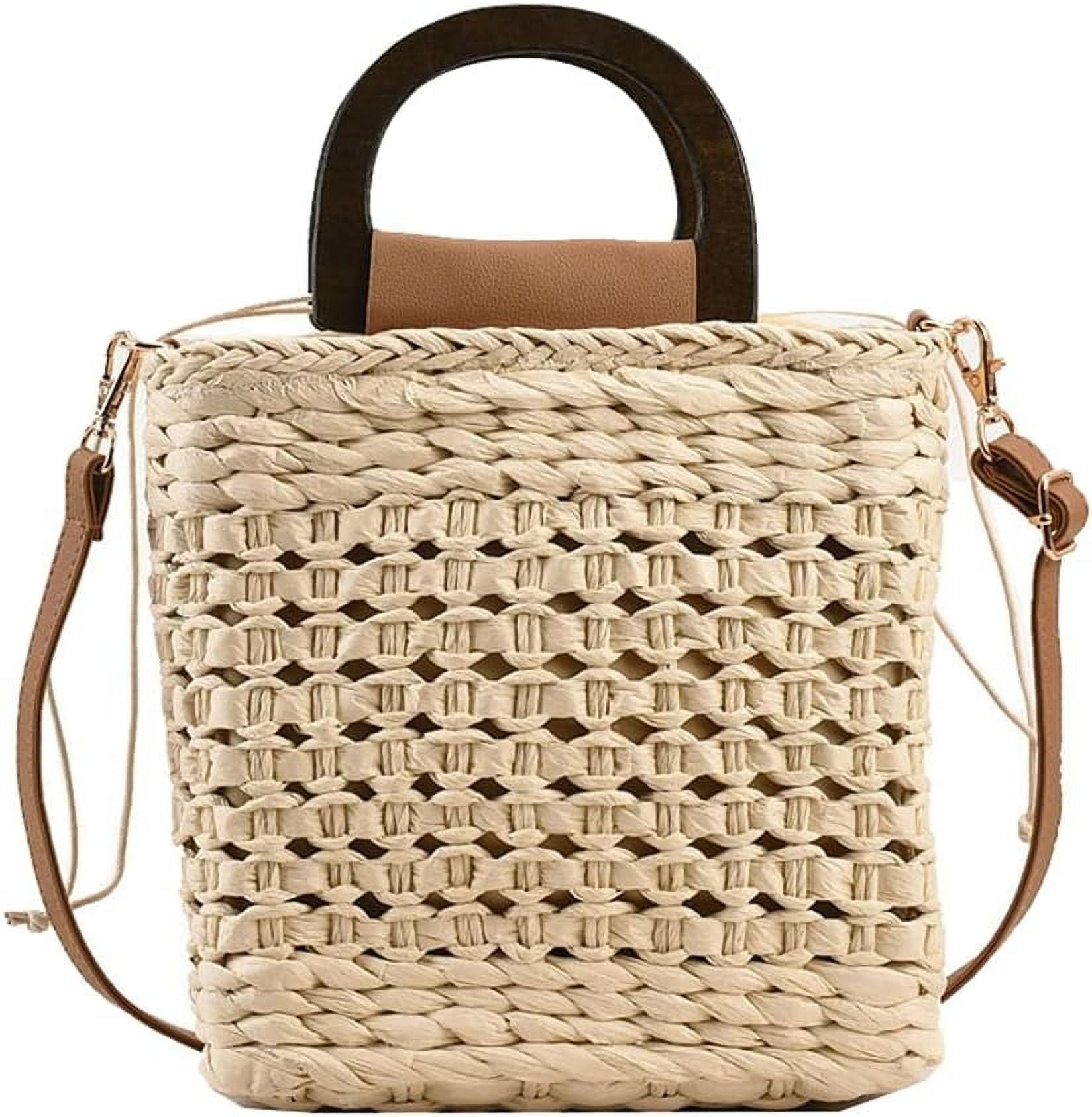 Women Straw Handbag Beach Bag Woven Rattan Crossbody Bags Handmade Leather Straps Satchel Clutch Purse Summer Vacation