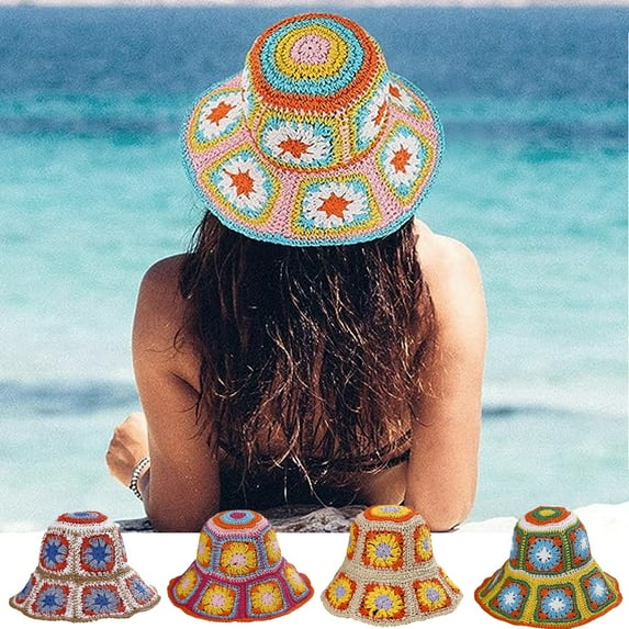 Women Straw Hat Foldable Wide Brim Colorful Crochet Straw Sun Hat,Outdoor Sun Visor Hat UPF 50+ Summer for Women Girl