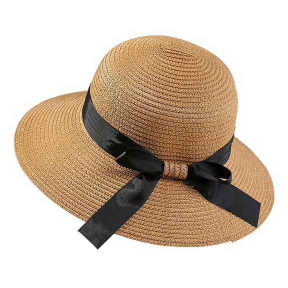 Women Straw Hat Summer Wide Brim Sun Hat Floppy Foldable Roll up Beach Hats With Bowknot Decor