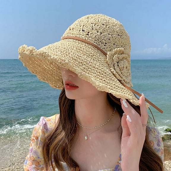 Women Straw Hat Wide Brim Beach Sun Cap Foldable Floppy Hat for Travel Decoration Summer Vacation Soft Lightweight and Breathable