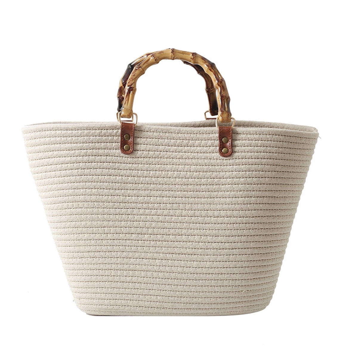 Women Straw Large Tote Bag Retro Bamboo Handle Strip Beach Handbag Summer Woven Handmade Elegant Travel Purse - Off white