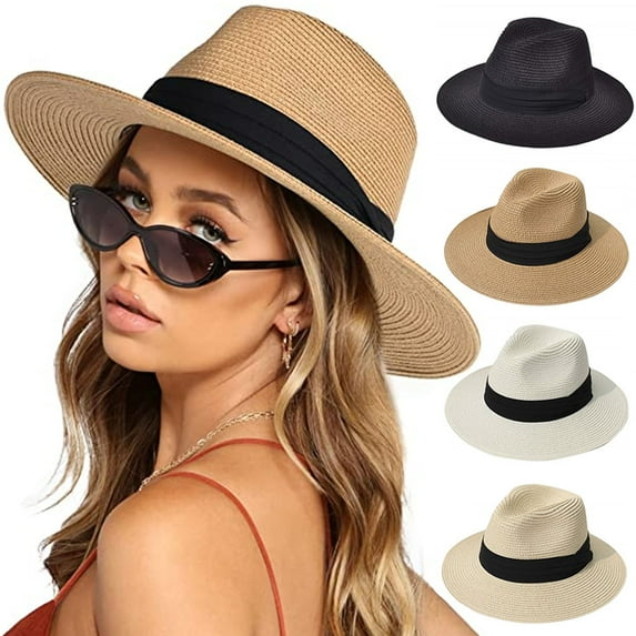 Women Straw Panama Hat Travel Fedora Beach Sun Hat Summer Wide Brim Straw Roll up Hat UPF 50+