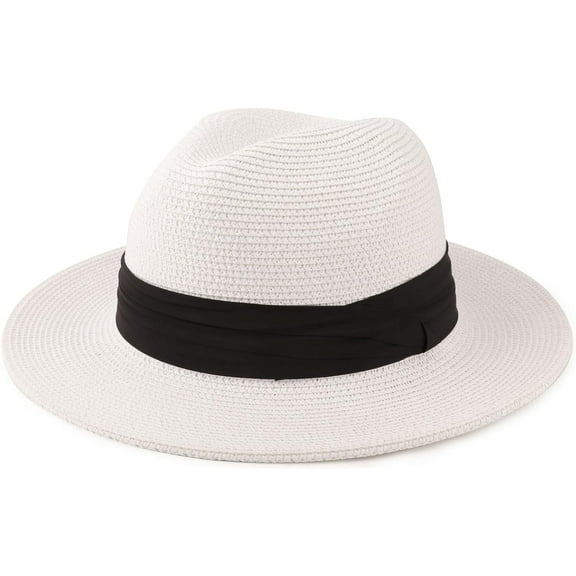 Women Straw Panama Hat Travel Fedora Beach Sun Hat Summer Wide Brim Straw Roll up Hat UPF 50 