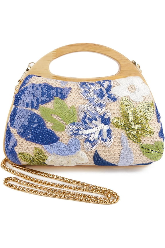Women Straw Sequin Embroidered Flower Evening Handbag Clutch Purse Wooden Handle for Beach Holiday Party