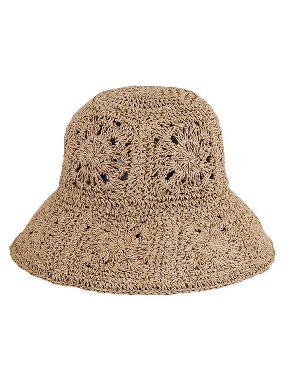 Women Straw Sun Hat Floral Woven Crochet Bucket Hat Accessories Beach Hat Hand Woven Boho Foldable Cap