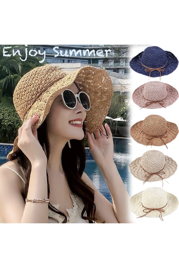 Women Straw Sun Hat Foldable Floppy Beach Summer Hat Weave Wide Brim Bowknot