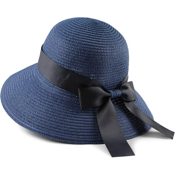 Women Straw Sun Hat Summer Beach Cap Foldable Visor Floppy Hats Wide Brim with Bowknot