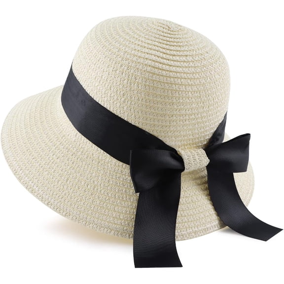 Women Straw Sun Hat Summer Beach Cap Foldable Visor Floppy Hats Wide Brim with Bowknot